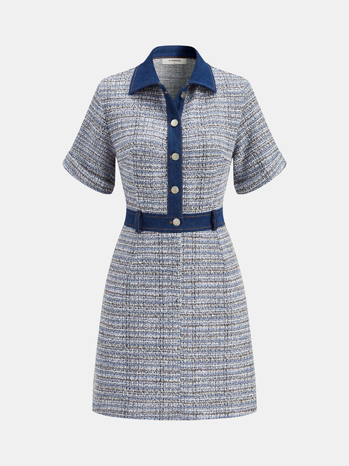 Denim Panel Tweed Mini Shirt Dress