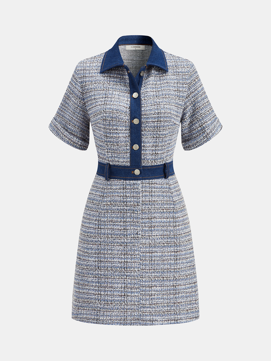 Denim Panel Tweed Mini Shirt Dress