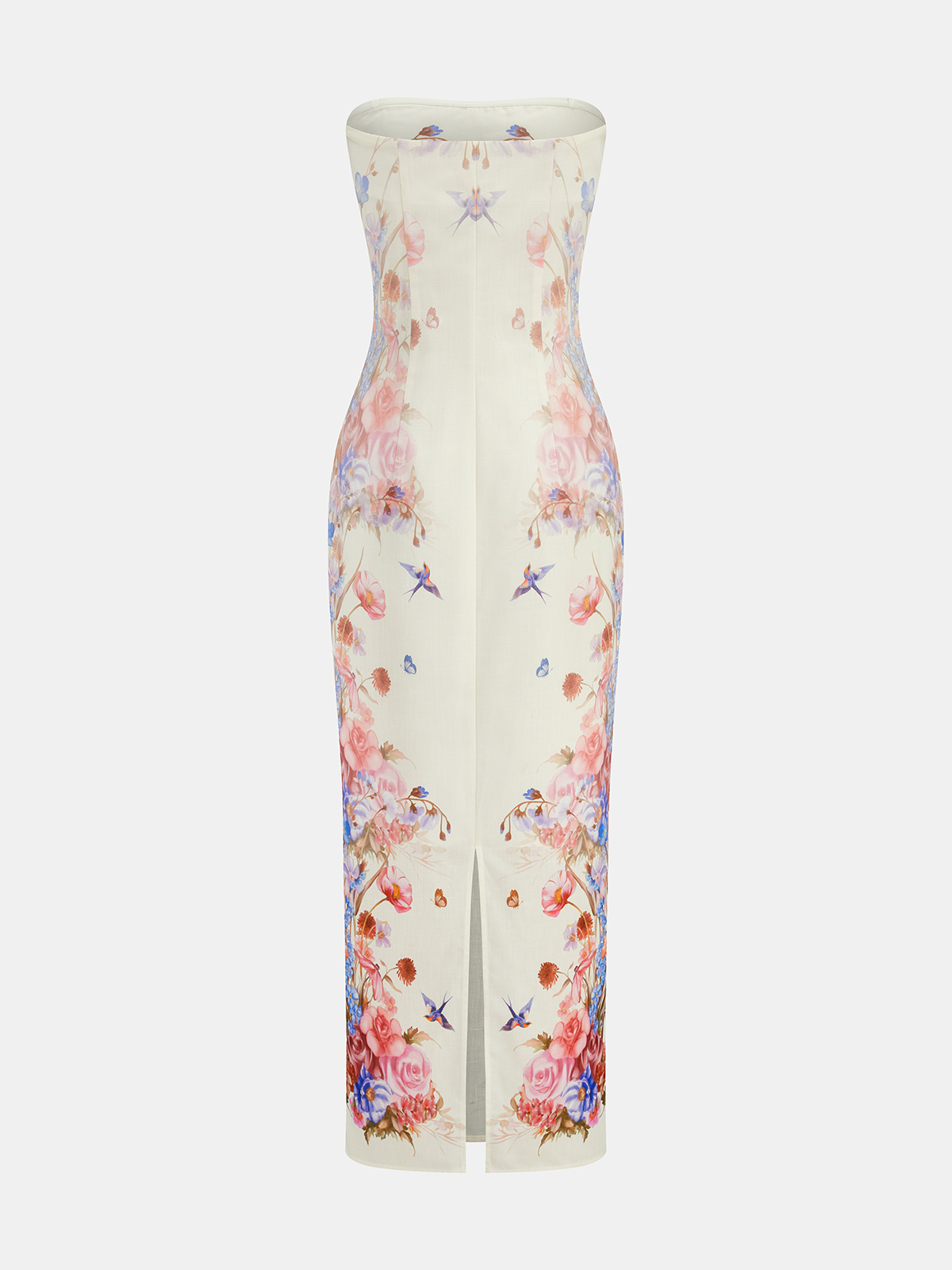 Strapless Floral Bird Print Maxi Dress