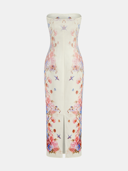 Strapless Floral Bird Print Maxi Dress