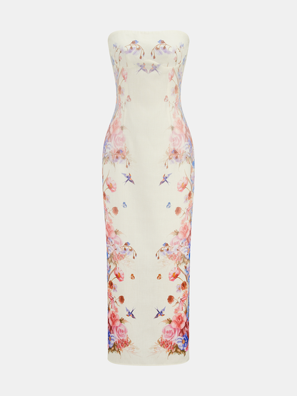 Strapless Floral Bird Print Maxi Dress