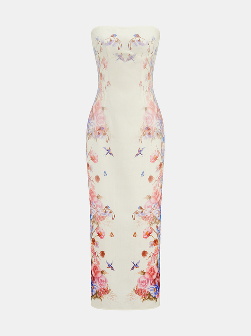 Strapless Floral Bird Print Maxi Dress