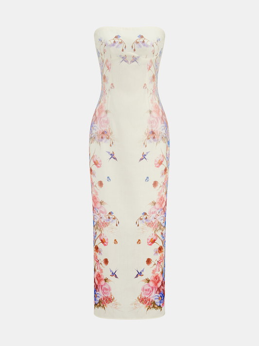 Strapless Floral Bird Print Maxi Dress