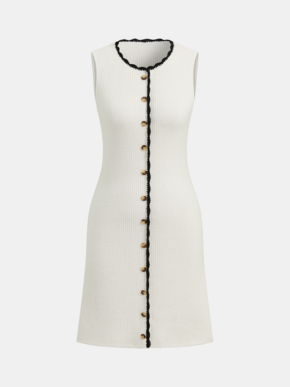 Contrast Trim Button-Front Sleeveless Knit Dress