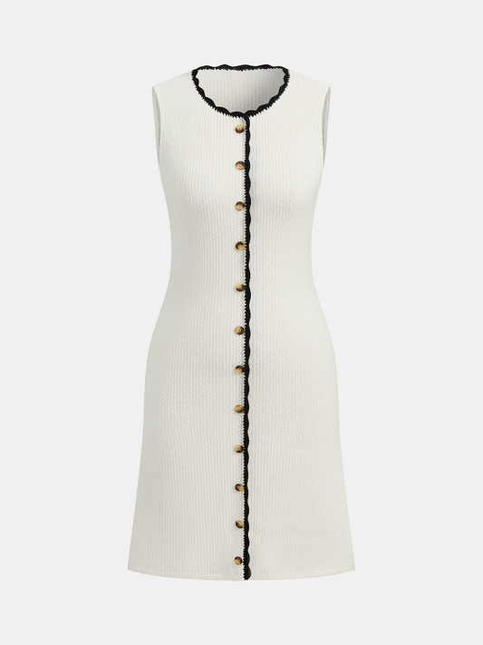 Contrast Trim Button-Front Sleeveless Knit Dress