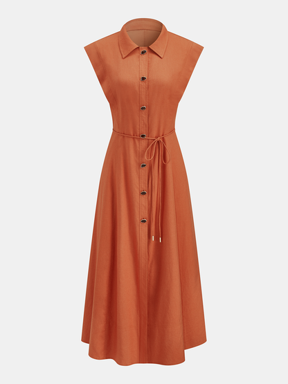Linen Blend Sleeveless Button Tie-Waist Shirt Dress