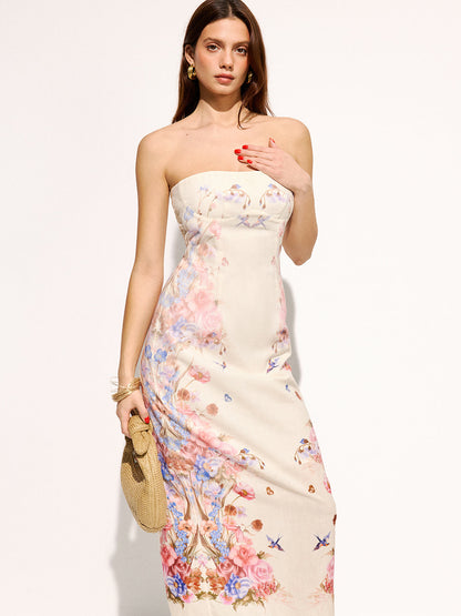 Strapless Floral Bird Print Maxi Dress