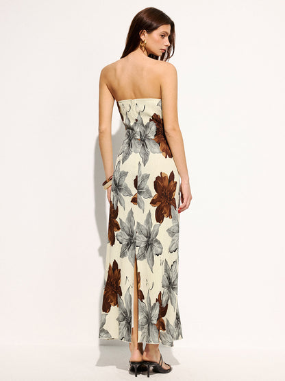 Strapless Floral Print Maxi Dress