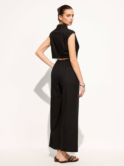 Linen Blend Sleeveless Lapel Wide Leg Jumpsuit