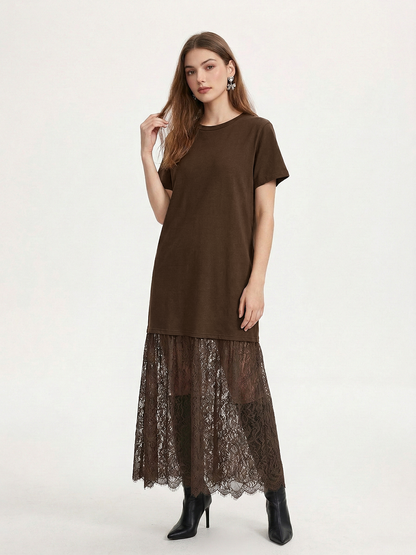 Lace Panel Short Sleeve Maxi Dress
