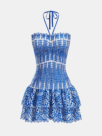 Halter Smocked Embroidered Layered Mini Dress