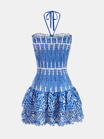 Halter Smocked Embroidered Layered Mini Dress
