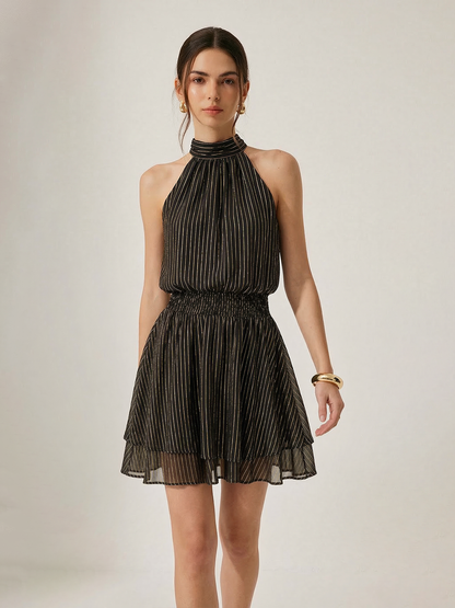 Halter Striped Smocked Layered Mini Dress