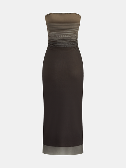 Ombre Mesh Ruched Strapless Maxi Dress