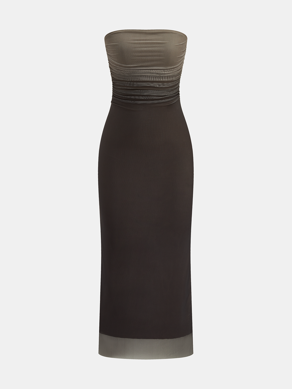 Ombre Mesh Ruched Strapless Maxi Dress
