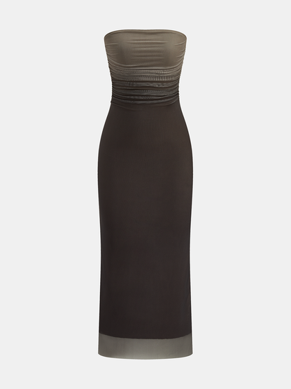 Ombre Mesh Ruched Strapless Maxi Dress