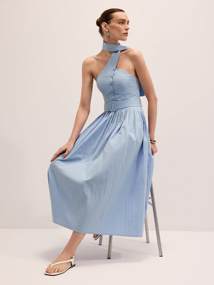 Halter Neck Cotton Blend Belted Maxi Dress
