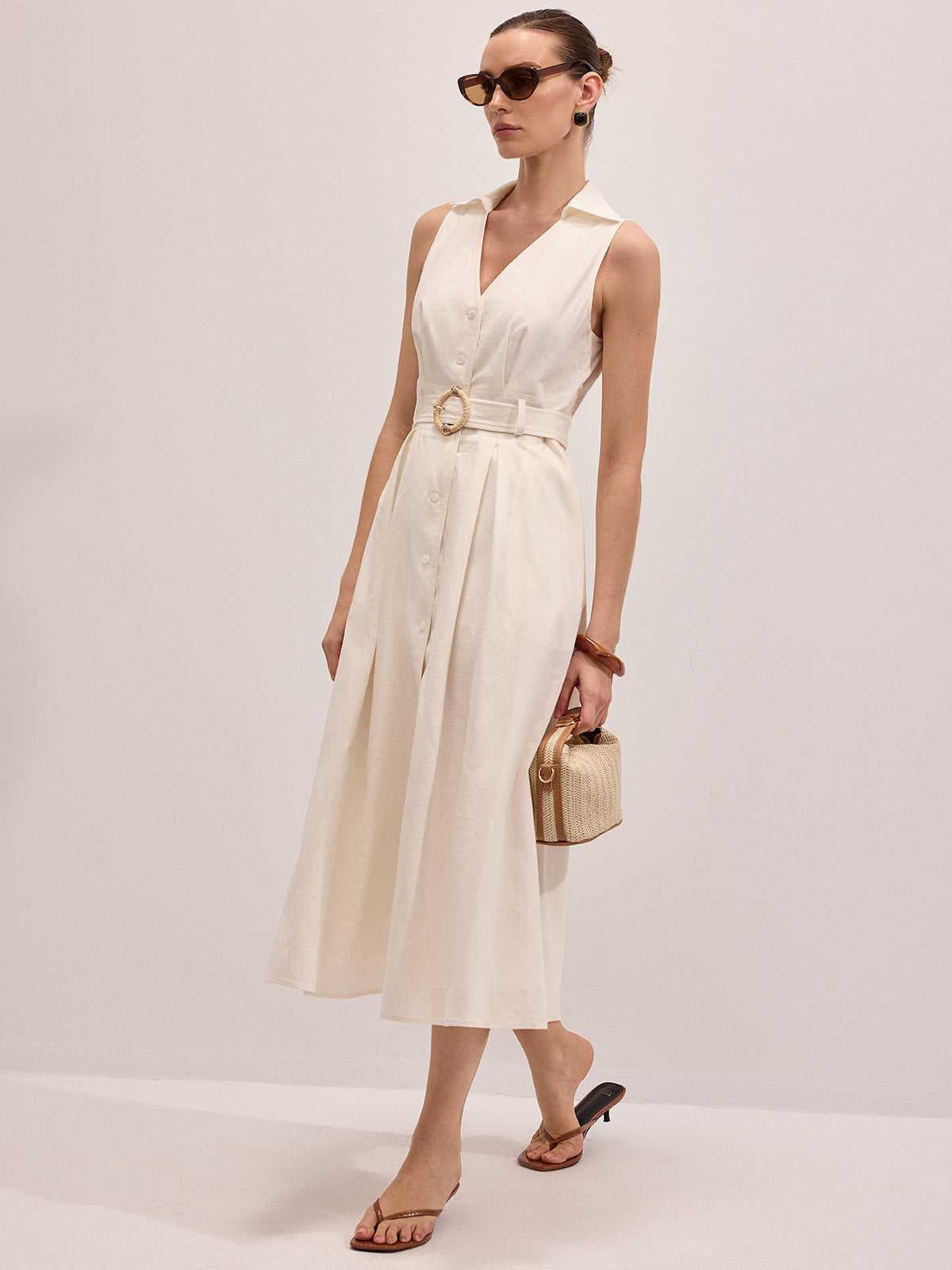 Cotton Linen Sleeveless Belted Midi Dress