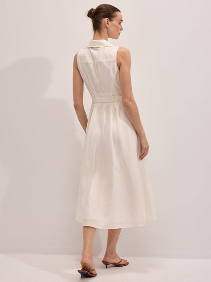 Cotton Linen Sleeveless Belted Midi Dress