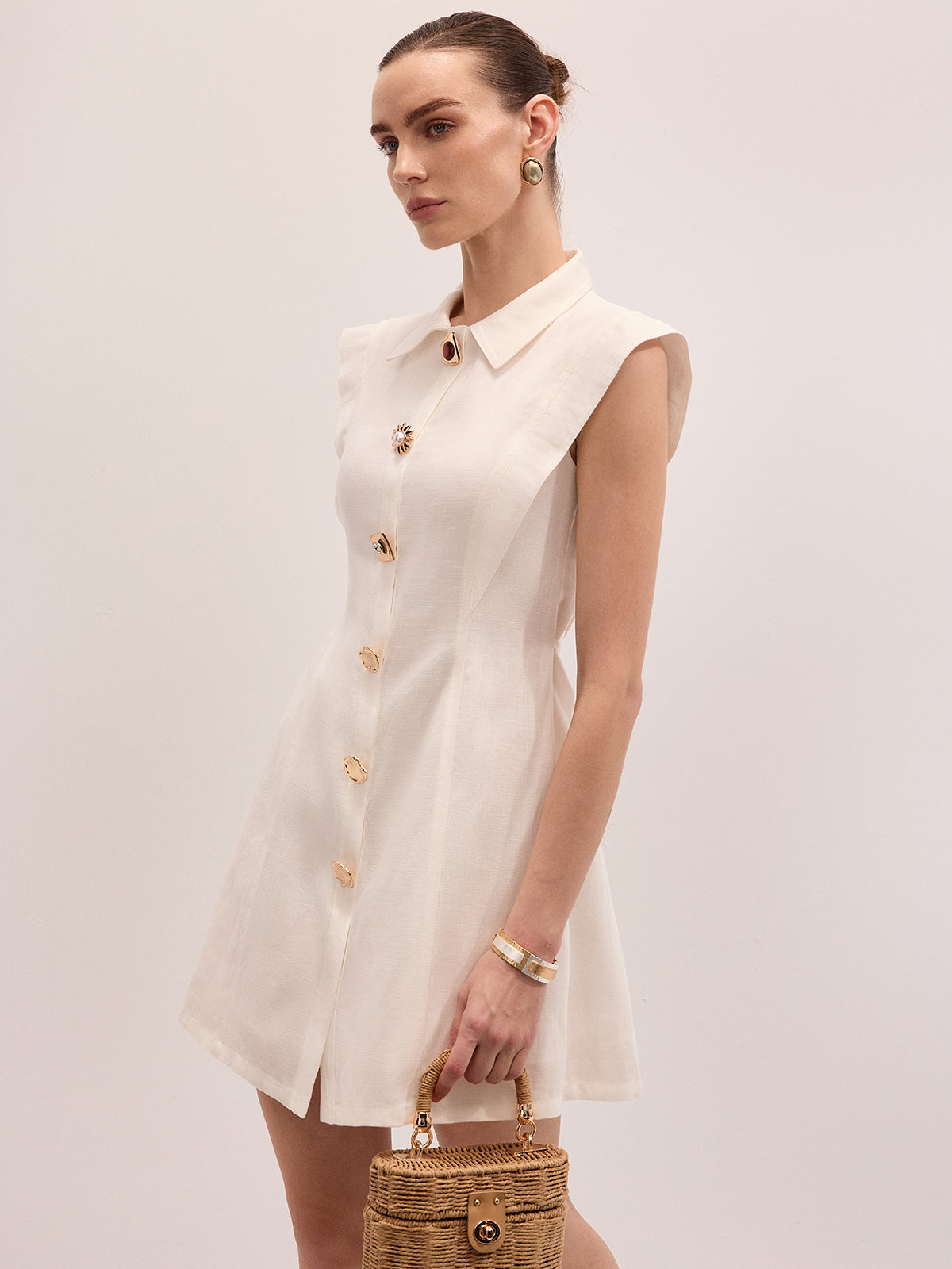 Linen Blend Sleeveless Mini Shirt Dress