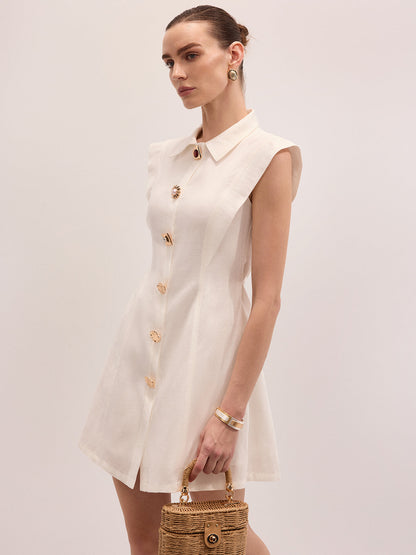Linen Blend Sleeveless Mini Shirt Dress