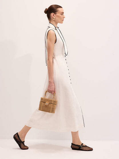 Linen Blend Contrast Piping Tie Neck Maxi Dress