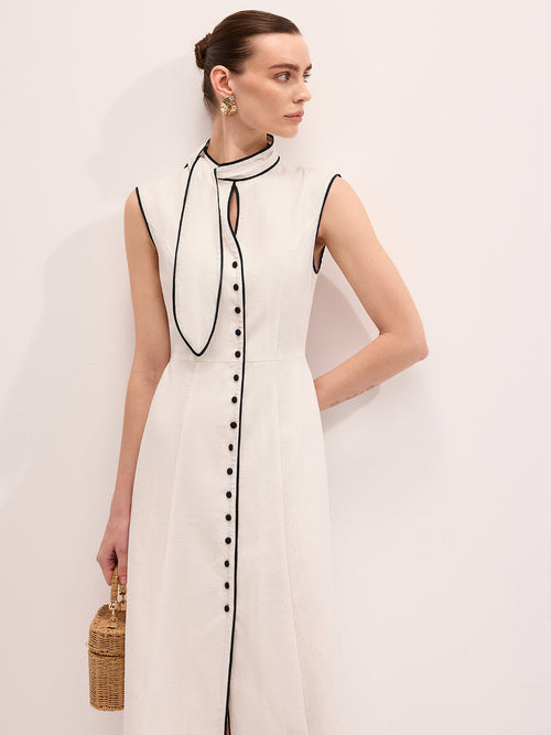 Linen Blend Contrast Piping Tie Neck Maxi Dress