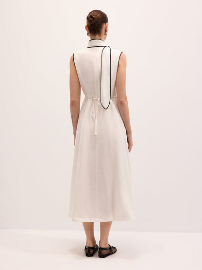 Linen Blend Contrast Piping Tie Neck Maxi Dress