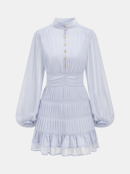 Pleated Button Long Sleeve Ruffled Mini Dress