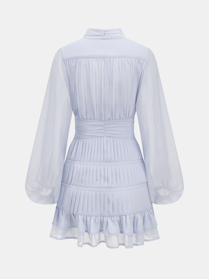 Pleated Button Long Sleeve Ruffled Mini Dress
