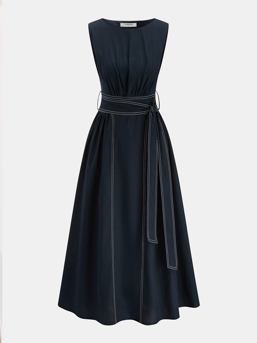 Cotton Linen Sleeveless Belted Maxi Dress