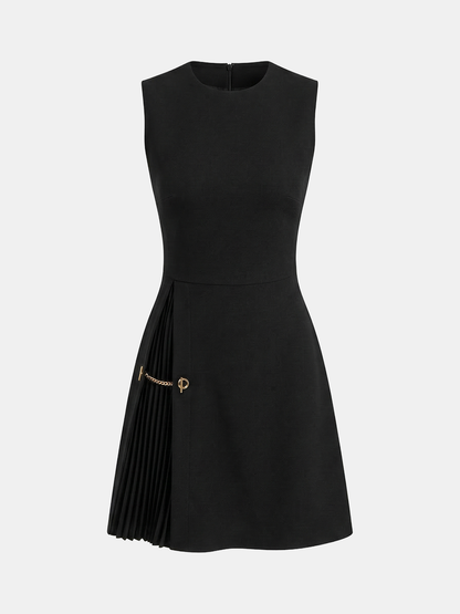 Chain Detail Pleated Sleeveless Mini Dress