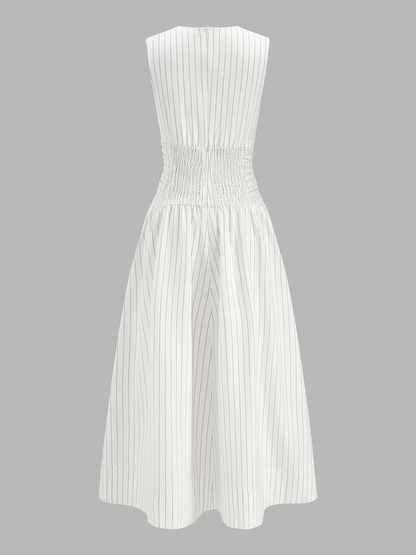 Cotton Blend Striped Ruched Sleeveless Maxi Dress