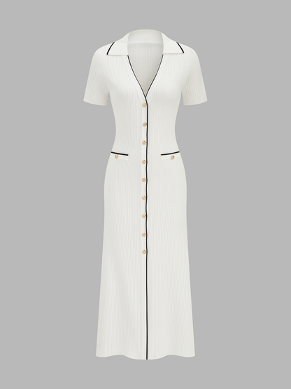 Contrast Trim Button Front Knit Maxi Dress