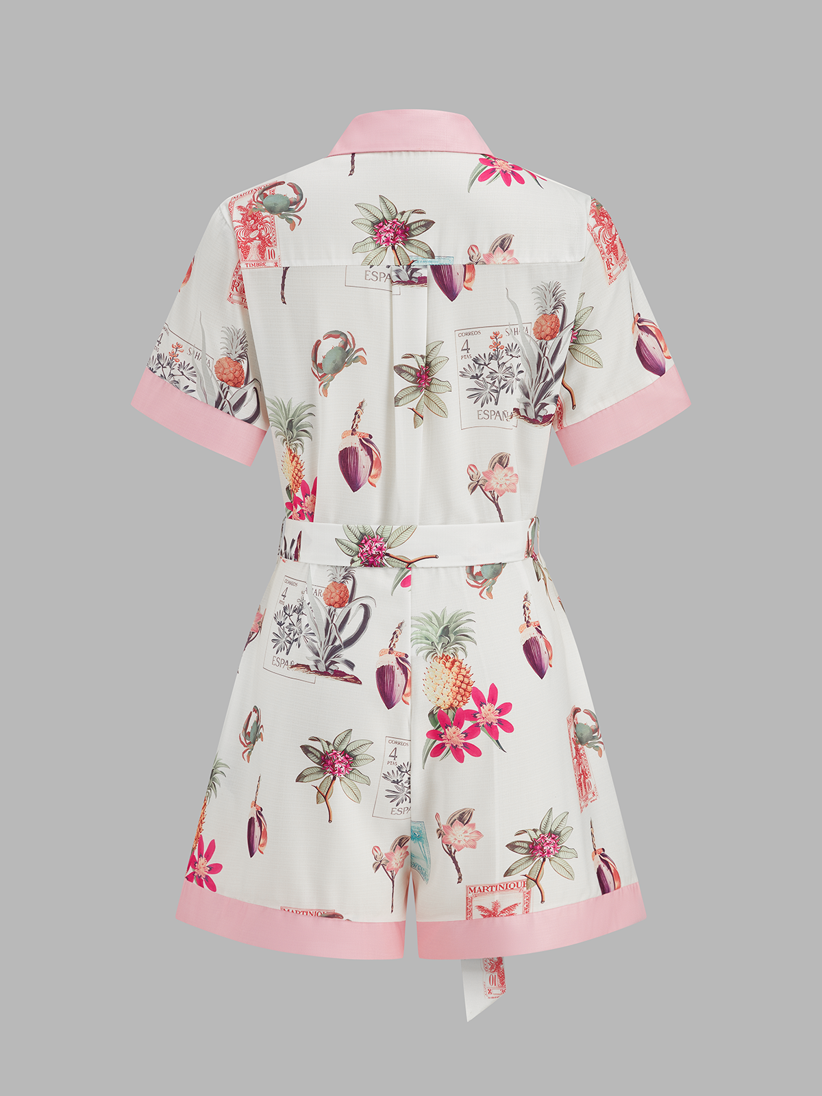 Cotton Linen Tropical Print Belted Romper