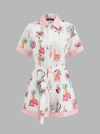 Cotton Linen Tropical Print Belted Romper