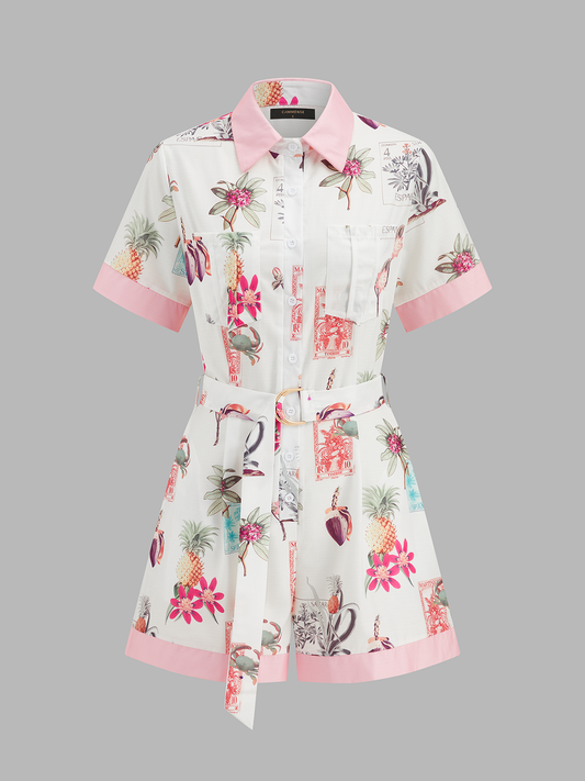 Cotton Linen Tropical Print Belted Romper