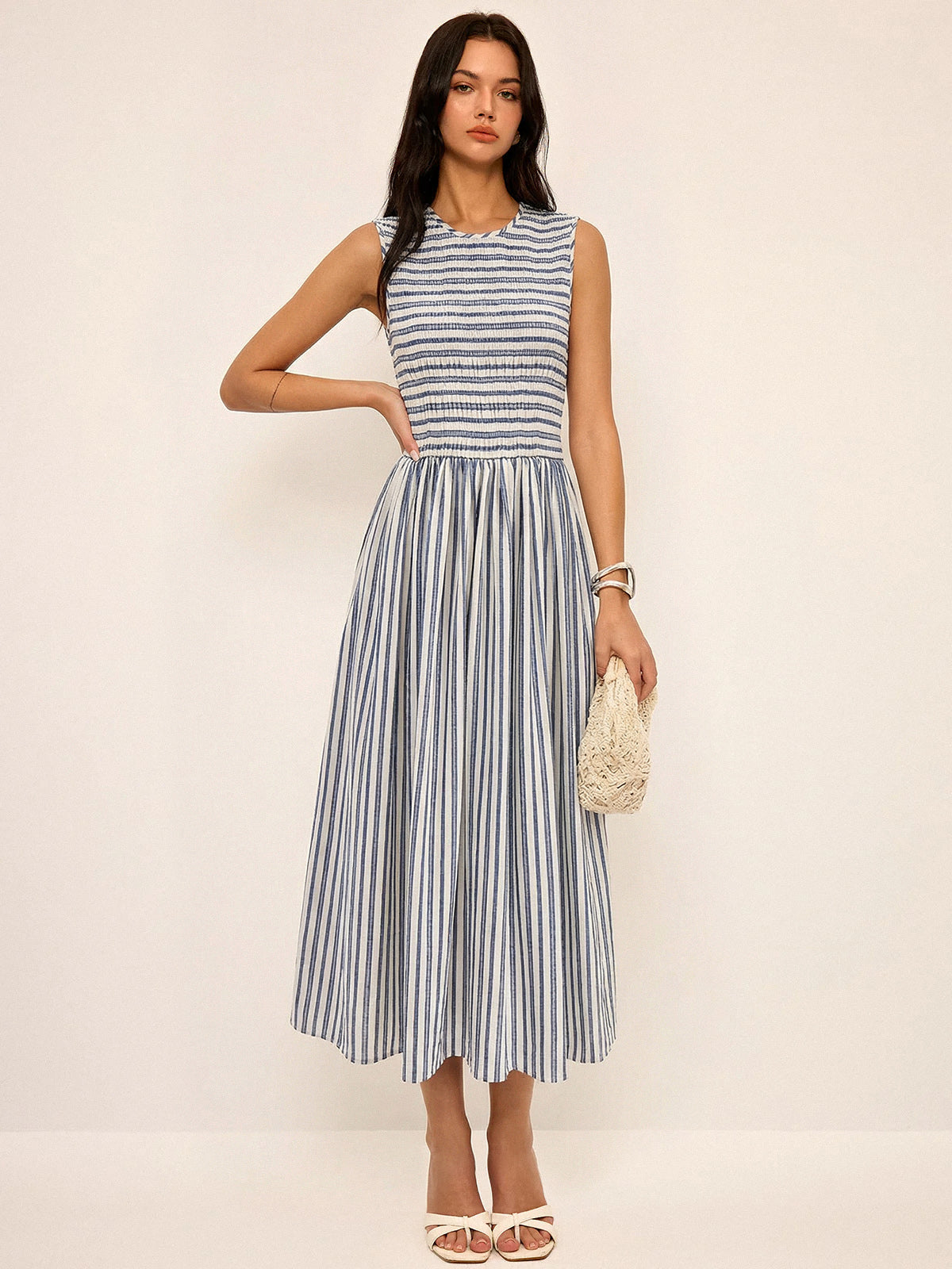 Striped Cotton Sleeveless Smocked Maxi Dress