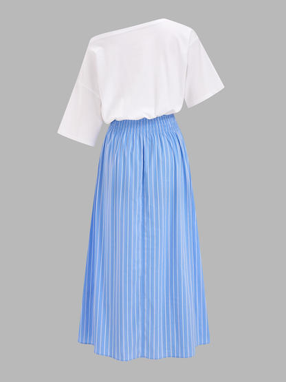 Color Block Off-Shoulder Striped Midi Dress