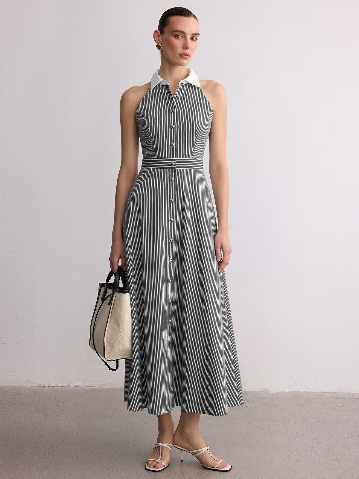 Collared Striped Sleeveless Buttoned Maxi Dress