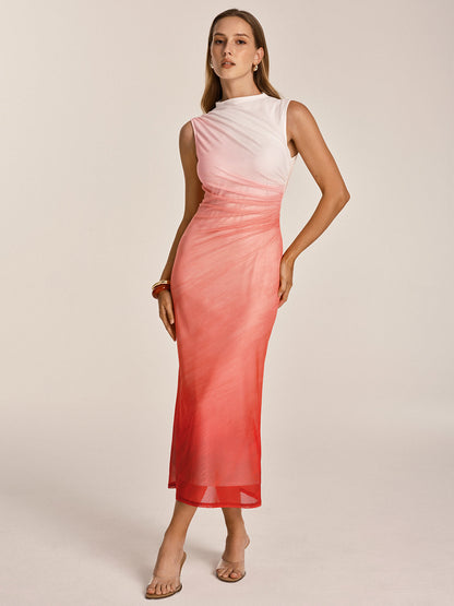 Gradient Ruched Mesh Bodycon Midi Dress