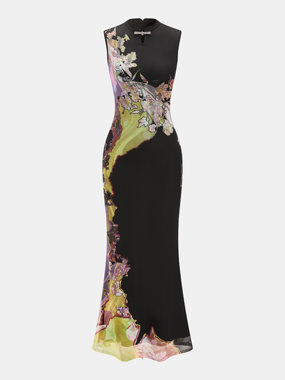 Sleeveless Floral Cheongsam Maxi Dress