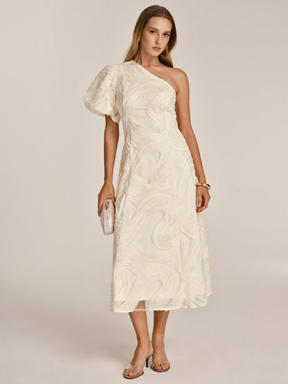 One Shoulder Textured Ruffled Mesh Midi Dress