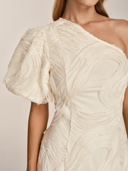 One Shoulder Textured Ruffled Mesh Midi Dress