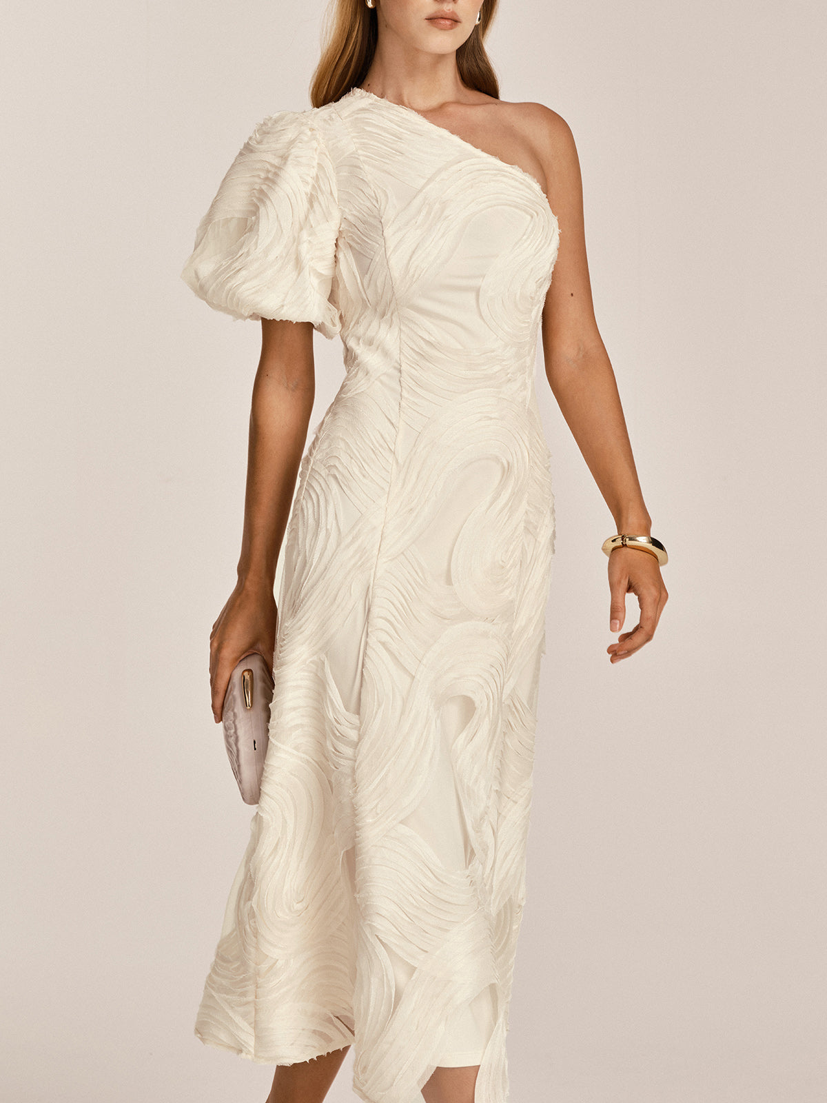 One Shoulder Textured Ruffled Mesh Midi Dress