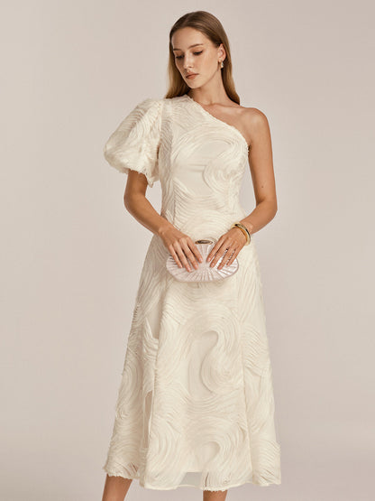 One Shoulder Textured Ruffled Mesh Midi Dress