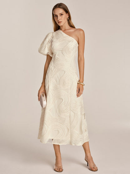 One Shoulder Textured Ruffled Mesh Midi Dress