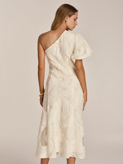 One Shoulder Textured Ruffled Mesh Midi Dress
