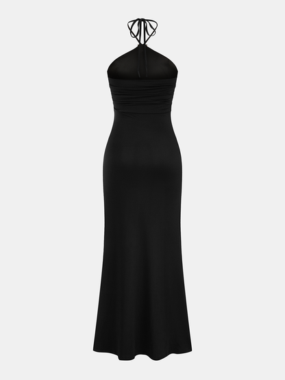 Halter Ruched Embellished Maxi Dress