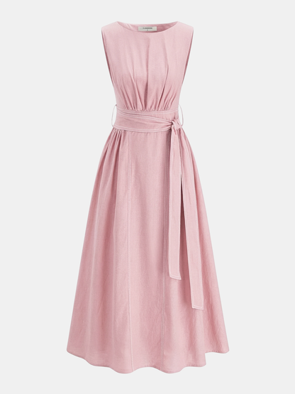 Cotton Linen Sleeveless Belted Maxi Dress